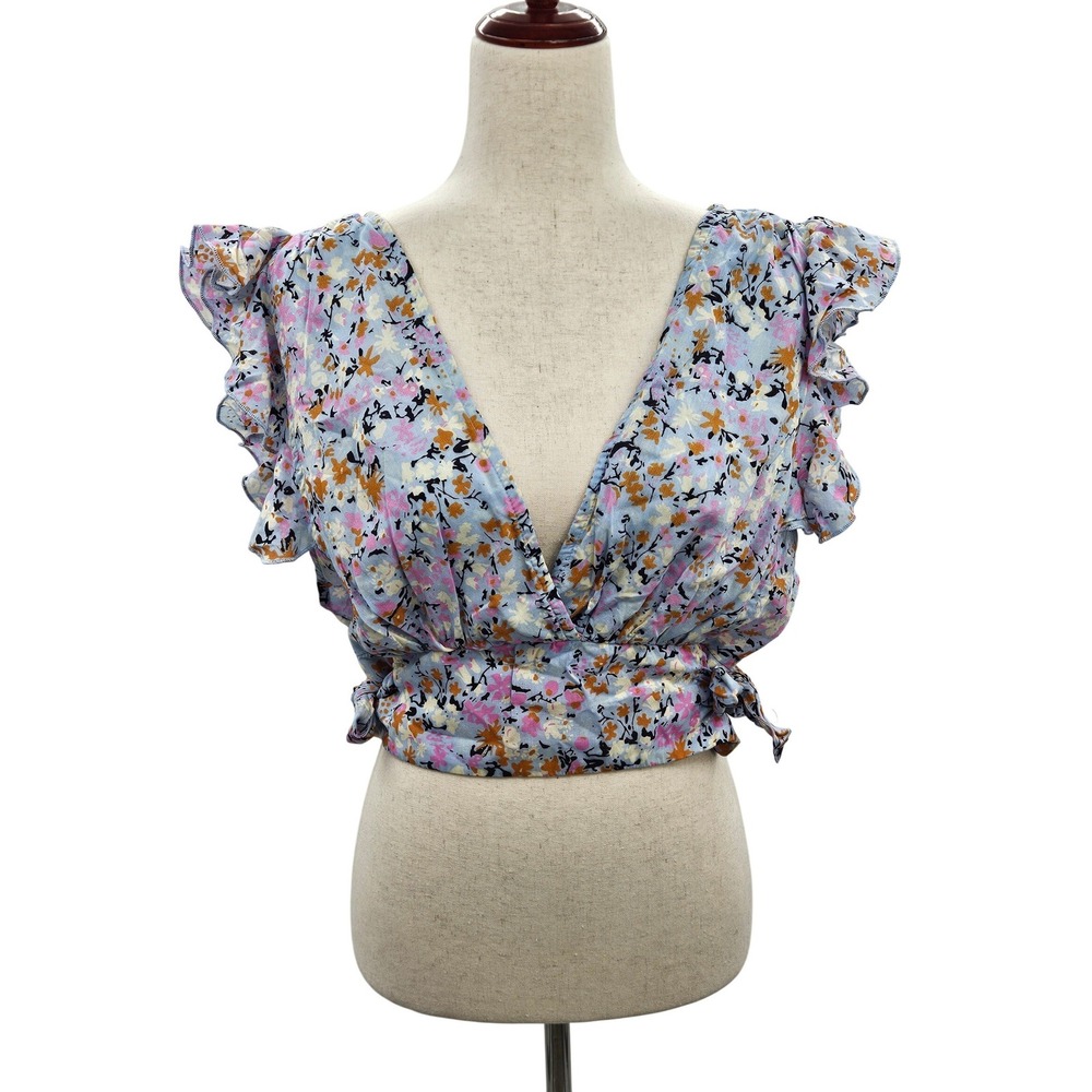 Free People Sky Combo Floral Ruffle V-Neck Smocked Crop Top OB1295567 Large NEW